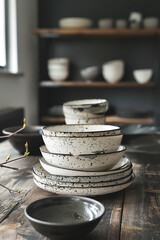 Rustic black and white ceramic dinnerware on a distressed wooden table. - obrazy, fototapety, plakaty