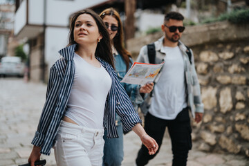 Young tourists with map wander through sunny streets, enjoying a trip and hanging out together. - obrazy, fototapety, plakaty