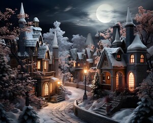 Beautiful fantasy castle at night with full moon. Fairytale landscape.