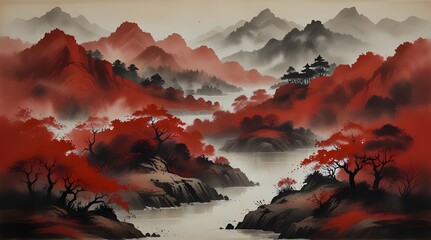Traditional Chinese painting Red landscape Painting .Generative AI