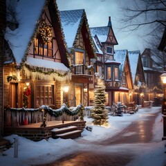 Beautiful houses in the city at night in winter with snow and lights