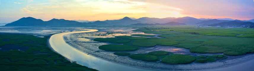 Panorama of Suncheon Bay, in South Korea, at dusk.