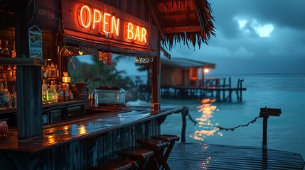 A bar with an “OPEN BAR” sign - beach bar - tiki bar - neon sign