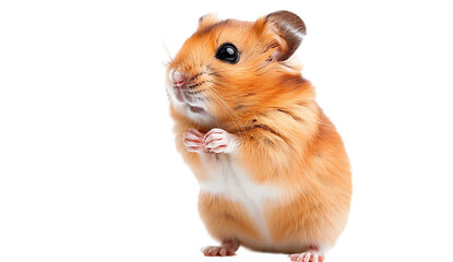 A cute hamster standing on its hind legs isolated on a white background - obrazy, fototapety, plakaty