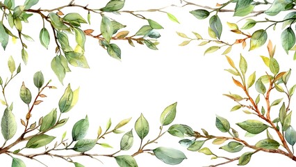 Watercolor frames featuring willow branches and green leaves for social media crafts. Concept Watercolor Frames, Willow Branches, Green Leaves, Social Media Crafts - obrazy, fototapety, plakaty
