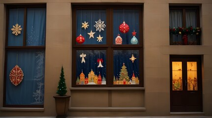 Christmas window decorations on the streets of Alicante .Generative AI - obrazy, fototapety, plakaty