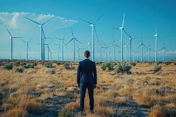 A man stands in a field of wind turbines.