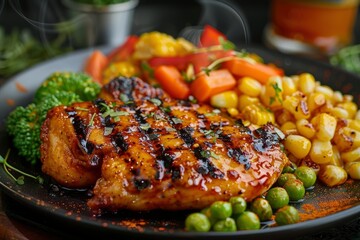 Double portion of original chicken steak menu with additional pieces of fried potatoes, peas, corn and carrots served on a hot plate is tempting - generative ai - obrazy, fototapety, plakaty