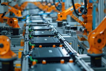 Fototapeta premium Mass production assembly line of electric vehicle battery cells.