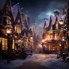 Winter night in the village. Christmas and New Year. Illustration.