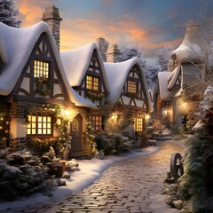 Fairy tale house in snow at night. Christmas and New Year concept.