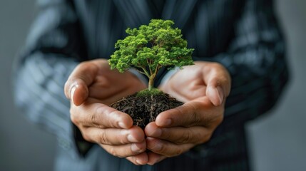 Naklejka na ściany i meble A person is holding a small tree in their hands. Concept of nurturing and care for the plant, as the person is protecting it from harm. The tree is surrounded by dirt