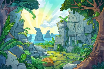 Cartoon cute doodles of ancient ruins set against dramatic backdrops of rugged cliffs, lush greenery, and hidden treasures, Generative AI