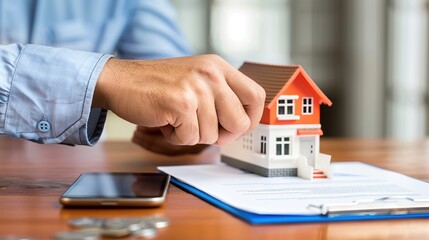 A person is holding a small model of a house in their hand. There is a paper with a pen on it in front of them, and a phone on the table.

