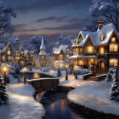Beautiful winter night in a small village. Christmas and New Year concept.