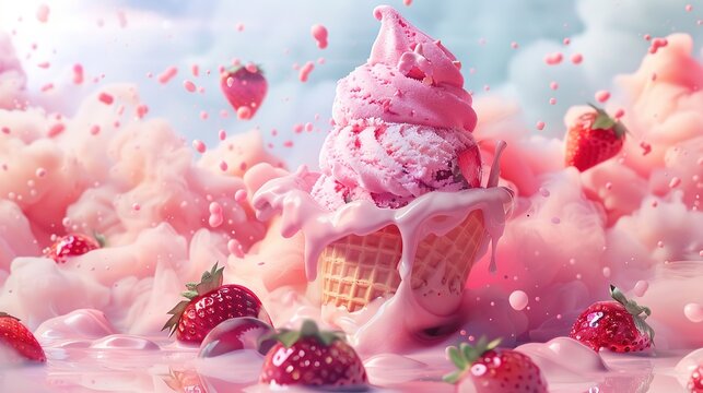 This image shows a strawberry ice cream cone. The ice cream is melting and there are strawberries and strawberry juice around it.