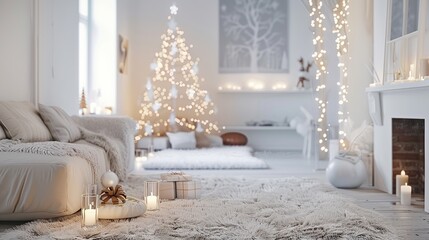 A living room with a white Christmas tree, white sofa, and white fur rug. There are fairy lights on the walls and a fireplace. There are candles on the floor and presents under the tree. - obrazy, fototapety, plakaty