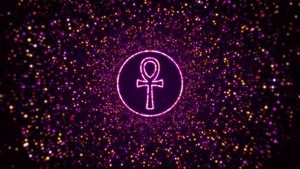 Digital Space Dark Shiny Purple Yellow Glowing Ankh, Key Of Life Ancient Egypt Symbol Inside Circle Border Frame With Glitter Sparkle Dots And Lines - obrazy, fototapety, plakaty