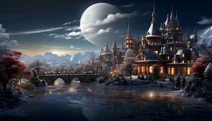 Winter landscape with castle and bridge over the river. 3d render