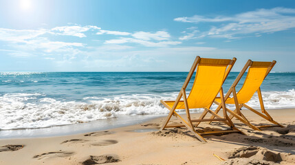 Beach chair relaxation at the sea for a vacation or weekend, outdoor activity, landscape background
