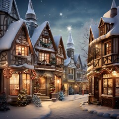Winter wonderland. Christmas and New Year holidays background. Snowy town in Europe.