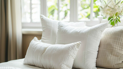 Close up Bed white pillow home interior contemporary bedroom 