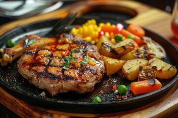 Double portion of original chicken steak menu with additional pieces of fried potatoes, peas, corn and carrots served on a hot plate is tempting - generative ai