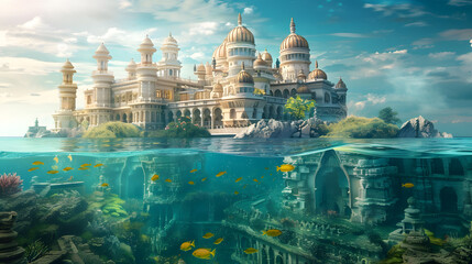 A fantasy underwater town city, in imagine illustration, Atlantis history wallpaper background. - obrazy, fototapety, plakaty