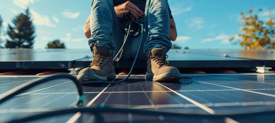 Green energy concept closeup of a man working on the rooftop. Generate AI image