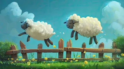 Fototapeten A digital painting of cute, sleepy sheep jumping over a wooden fence shaped like a bed headboard © Sattawat