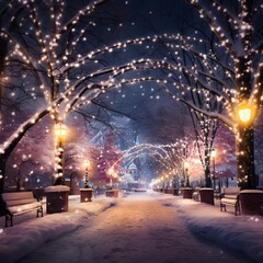 Snowy winter night in the city park. Christmas and New Year background