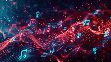 A dynamic visual of AI technology interfacing with musical notes, symbolizing the blend of artificial intelligence and musical creativity