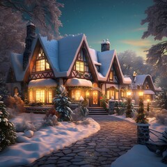 Winter landscape with cozy chalet in snowy forest at night. 3d rendering