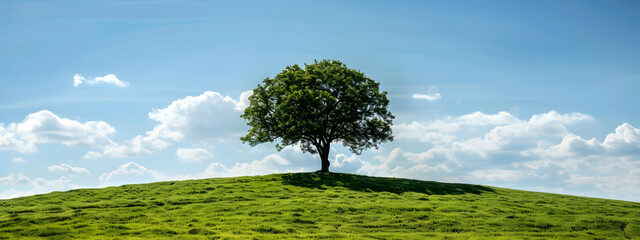 A lone tree stands in a green field, with another on a distant hill under a blue sky landscape wallpaper background in nature at countryside.