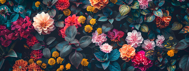 Various colorful blooming flower floral texture background in the nature.