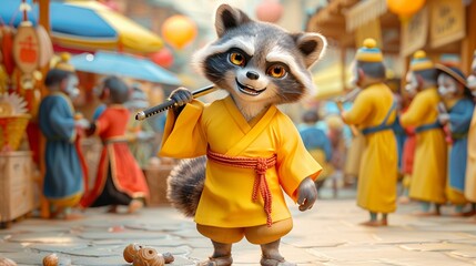 A fantasy market scene where a human-like raccoon with a katana navigates through a discombobulating crowd, seeking adventure