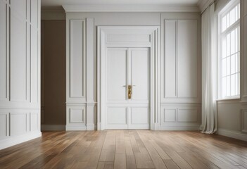 mockup brown 3D white floor illustration curtain empty room wood White door