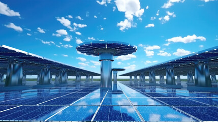 solar panels on blue sky and sun