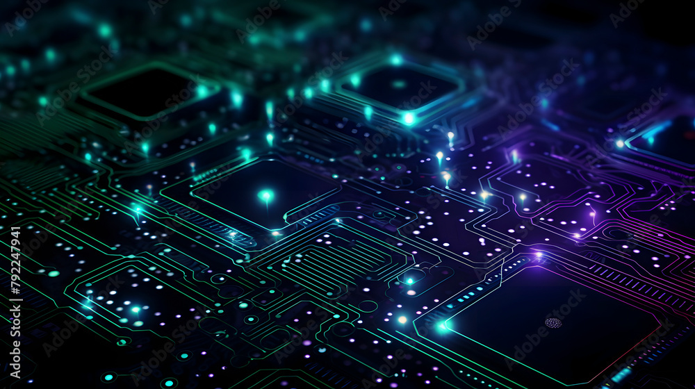 Fototapete Digital technology neon abstract geometric circuit graphic poster web page PPT background