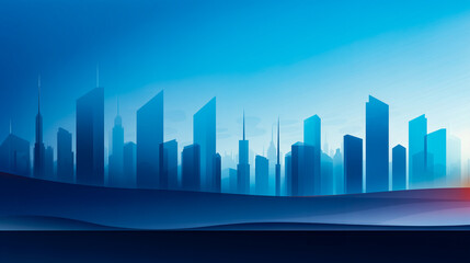 Blue and purple illustration of a futuristic city skyline