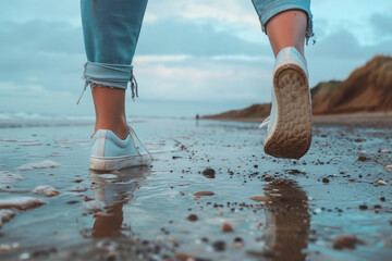 Closeup of woman feet walking on beach