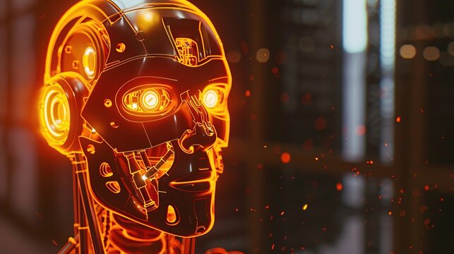 The image shows a robot head with glowing orange eyes and a clear casing. a robot head with glowing orange eyes

