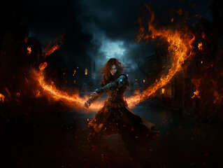 Beautiful Warrior Princess Woman Fairytale Fantasy Heroine Sword Flames Fighter Character