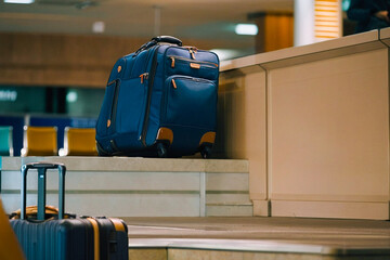 Luggage area in departure area. Large blue suitcase on a shelf. Generated with AI
