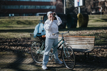 Obraz premium Active young woman taking a break on sunny day with bicycle and backpack in park.