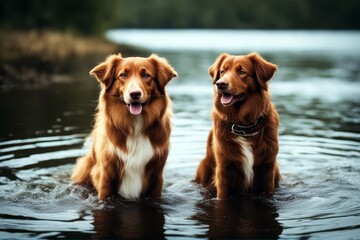 'nova dog tolling collie border duck river retriever scotia nature park young cute fun animal pet canino breed purebred red forest green happy background portrait white spring funny tree walking' - obrazy, fototapety, plakaty