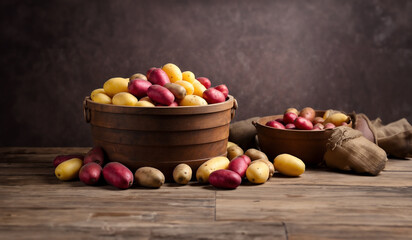 Isolated Potato wooden Basket. fresh potato mixed color brown, red, yellow and black