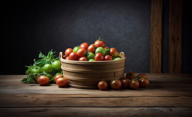 Wooden basket full with Fresh red  and green Tomato