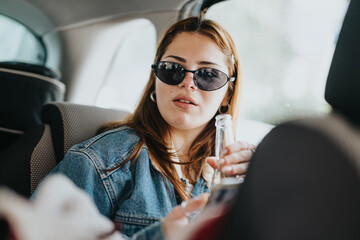 Casual young woman with sunglasses in denim jacket holding a drink, passenger in a car on a sunny...