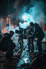 Group of movie crew members filming scenes on a film set during the night shift, capturing cinematic moments under artificial lighting, Generative AI